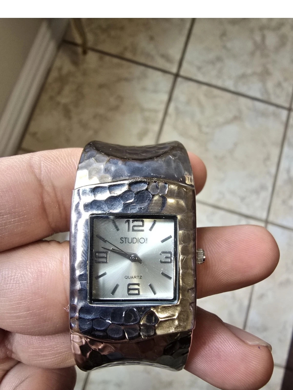 Studio Hammered Silver-Tone Cuff Watch with Sunray Dial